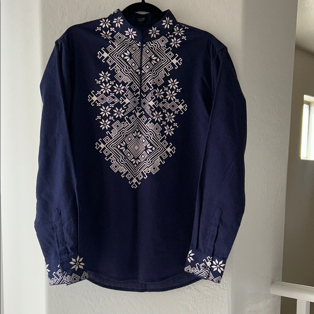 Stylish Navy Men's Shirt with White Embroidery